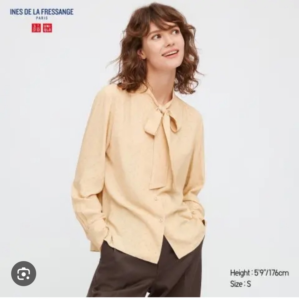 Uniqlo x Ines de la Fressange Crepe Tie Long Sleeve Blouse Shirt Navy Medium